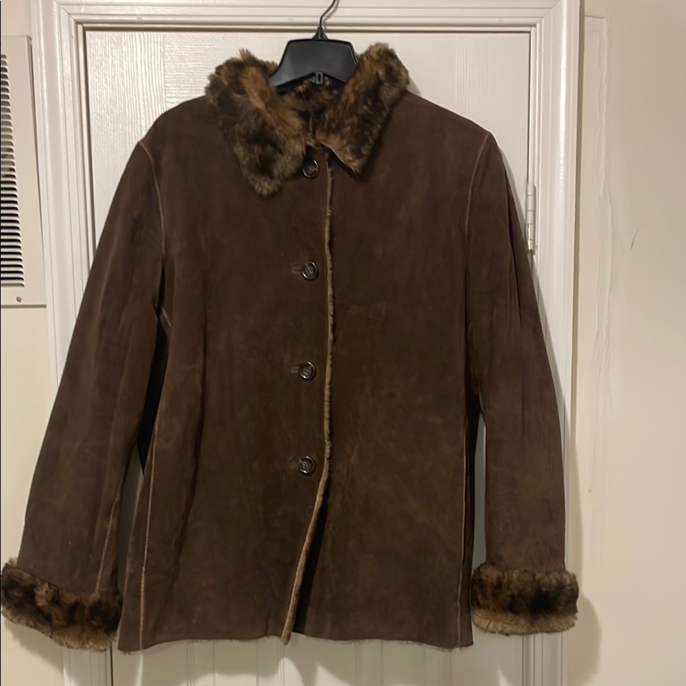 Brown Faux Fur Trimmed Women's Jacket